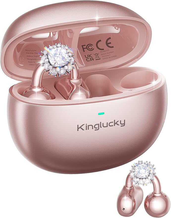 Kinglucky Jewelry-Inspired Clip-On Earbuds with Diamond Earrings, Comfortable Fit & 40H Playtime Open Ear Bluetooth 5.4 Wireless Headphones for Women, Small Ears, Sports & Glasses Rose Gold