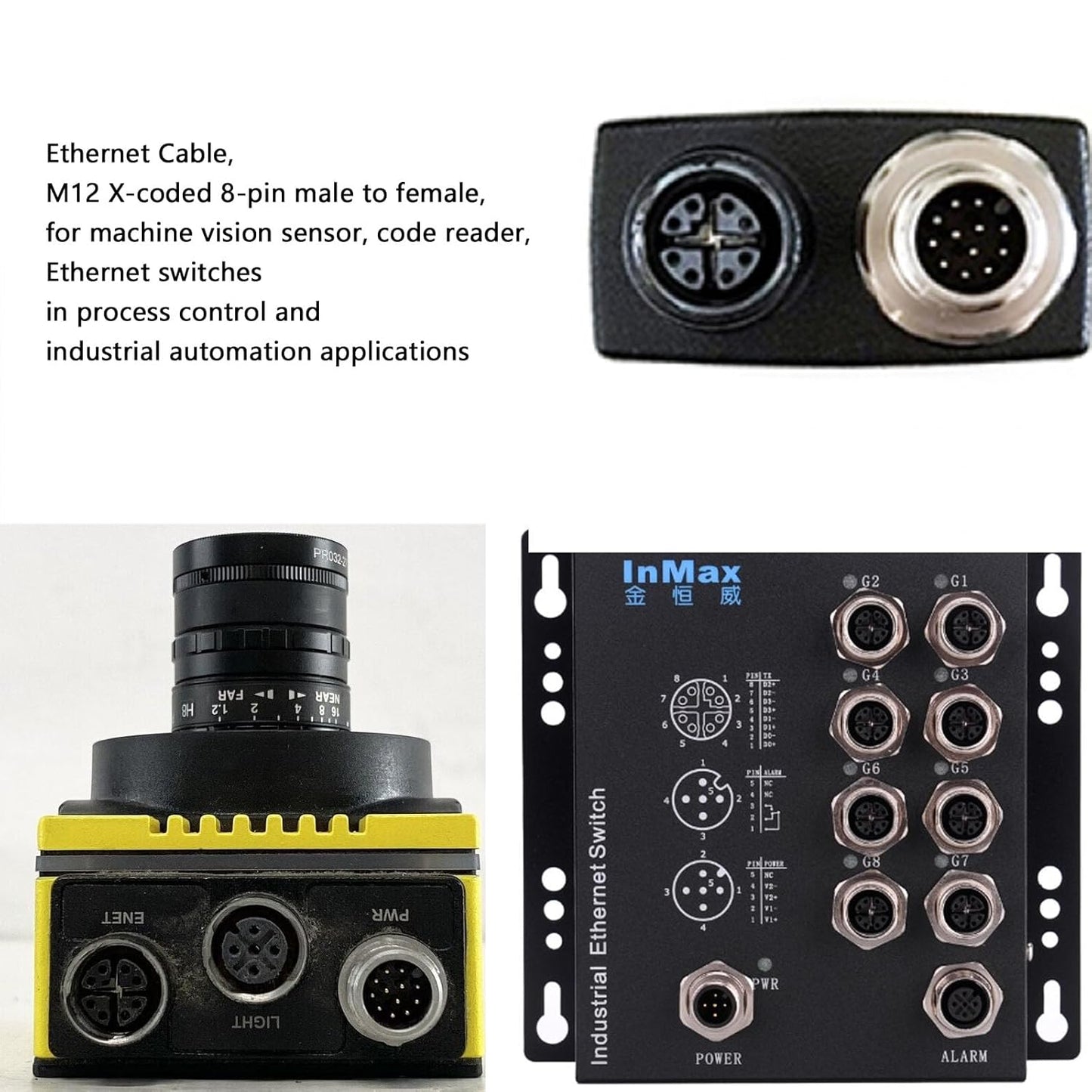M12 Ethernet 8 Pin X Coded RJ45 CAT7e GigE Cable for Basler Cognex Vision Camera Sensor High Speed Network Switch Router PLC 30cm