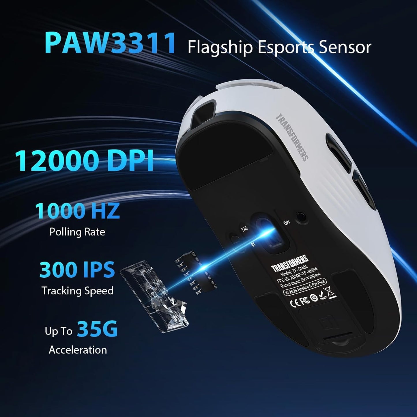 Transformers GM04 63g Lightweight Wireless Gaming Mouse, 12000 DPI, PAW3311 Sensor, 100h Battery Life, 2.4G/USB-C/Bluetooth Wireless Mouse with 5 Programmable Buttons for PC/Mac/Laptop(White)