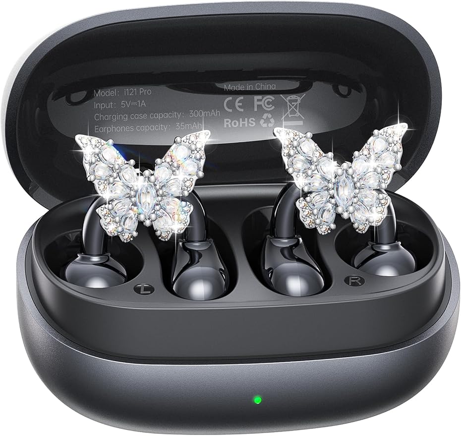 Kinglucky Gen2 Clip-On Earbuds with Butterfly Earrings, Charge & Store Without Removing Earrings, Comfortable Fit & 50H Playtime Open-Ear Bluetooth Headphones for Women, Small Ears, Gifts (Black)