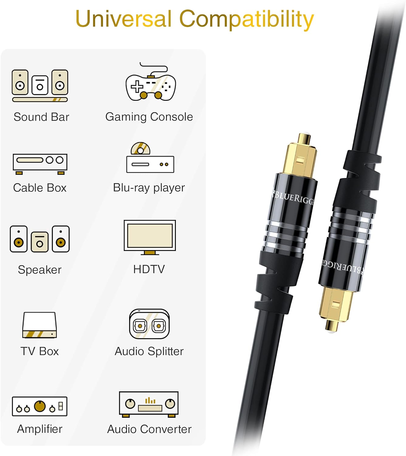 BlueRigger Digital Optical Audio Toslink Cable (10FT, Fiber Optic, Aluminum Shell, 24K Gold-Plated) - Compatible with Home Theatre, Sound Bar, TV, Xbox, PlayStation PS4 – Premium Series