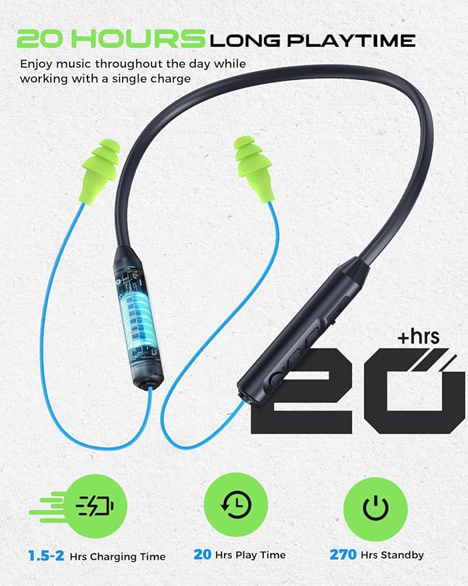 MIPEACE Bluetooth Earplug Headphones, Neckband Wireless Earbuds earplugs-29db Noise Reduction isolating in-Ear earplug Earphones with Controls,IPX6 sweatproof,20+Hour Battery(Blue Green)