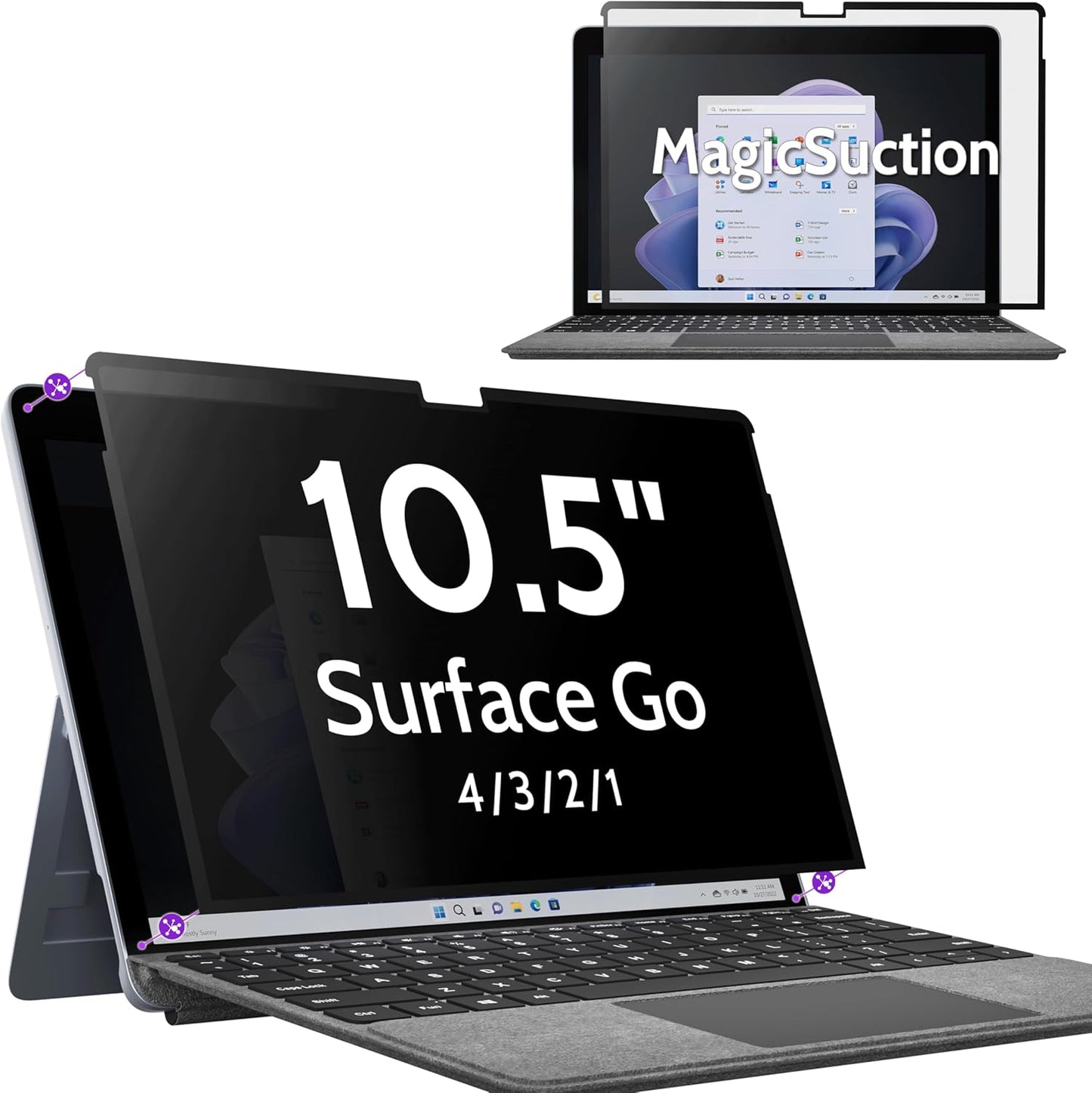 Privacy Screen for 10.5 Inch Surface Go 4/3/2/1, MagicSuction™ Removable Anti Spy Black Protector, Glare Blue Light Filter for Microsoft Laptop Computer Monitor