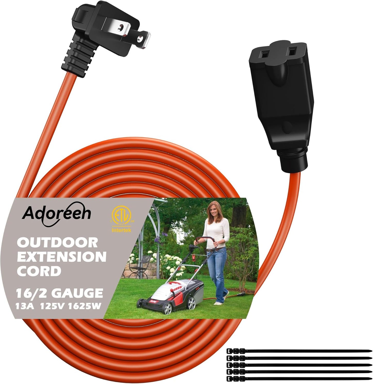 90 Degree 2 Prong Polarized Outdoor Power Extension Cord 75 FT, Angled Low-Profile Plug, 16 Gauge 125V SJTW Waterproof Long Cable for Home Office Lawnmower Garden Tools Lights, ETL+Ties-Bright Orange