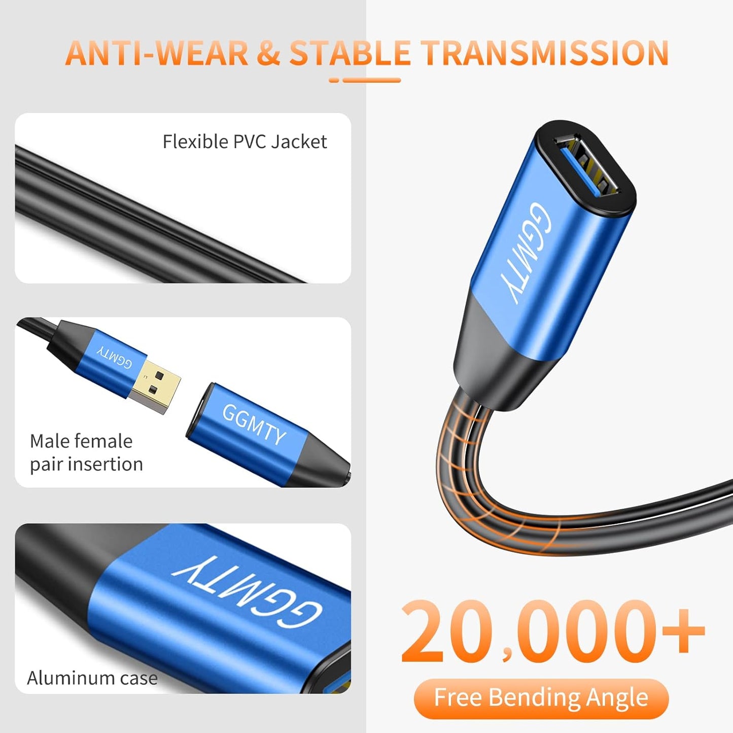 USB 2.0 Type A Male to A Female Active Repeater Extension Cable 100ft, High Speed 480 Mbps