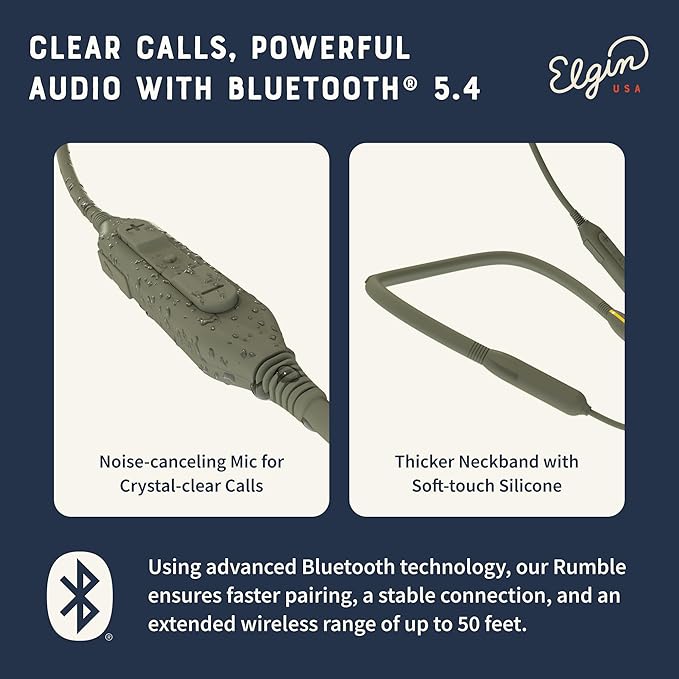 Elgin Rumble Gen 2 Bluetooth Earbuds, 31 dB Noise Reduction with Fusion Tips, IP67 Waterproof Wireless Earplugs, OSHA Compliant ANSI Certified Hearing Protection, 20 Hour Battery, Noise Canceling Mic
