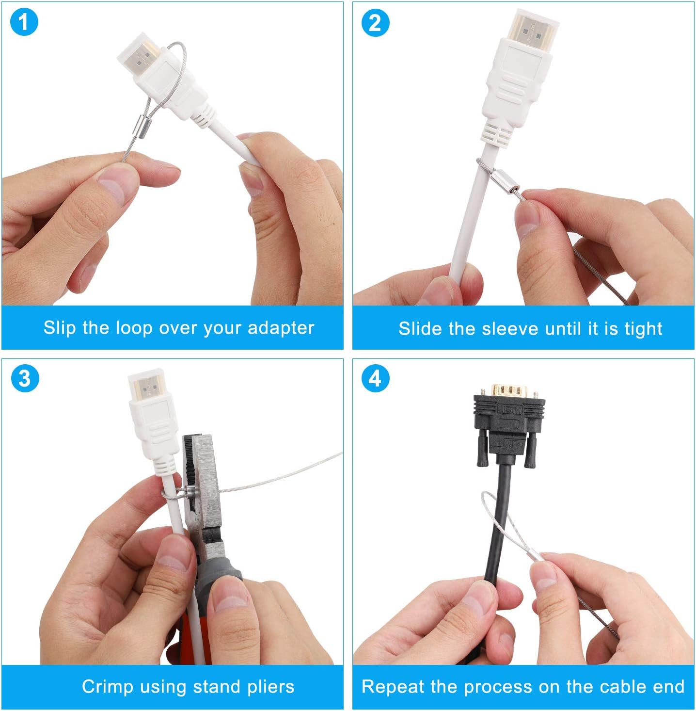 Cable Tethers 50 Pack with Crimping Tool (12 Inches, White Color), Adjustable Security Cable Look, Universal DIY Adapter Tethering Ties Kit for Computer Cord, Pre-Assembled, Tamper-Resistant