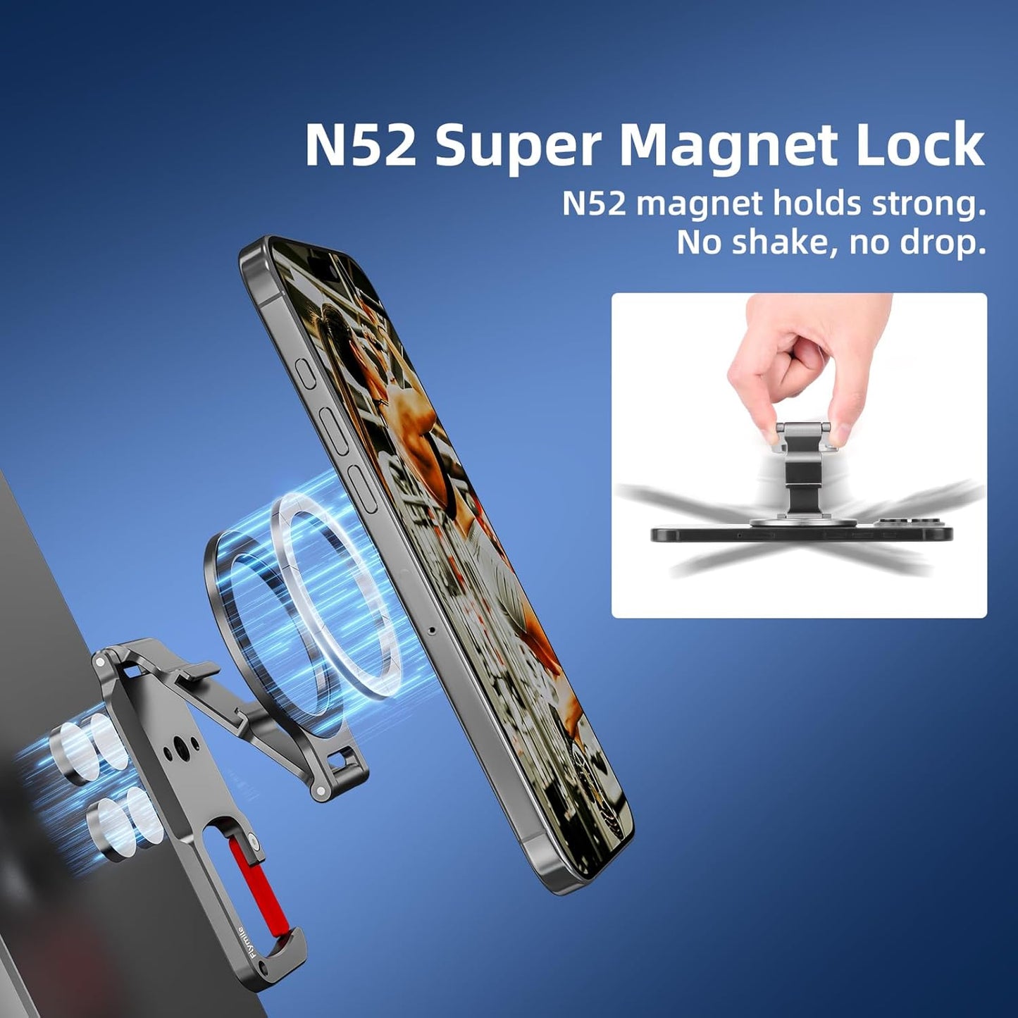 Magnetic Phone Mount for MagSafe, Maglock Tripod Adapter Magnet Golf Gym Workout Stand Metal Carabiner Holder with 1/4 Screw Hole, for iPhone 16 15 14 13 12 Series Foldable Portable Accessories