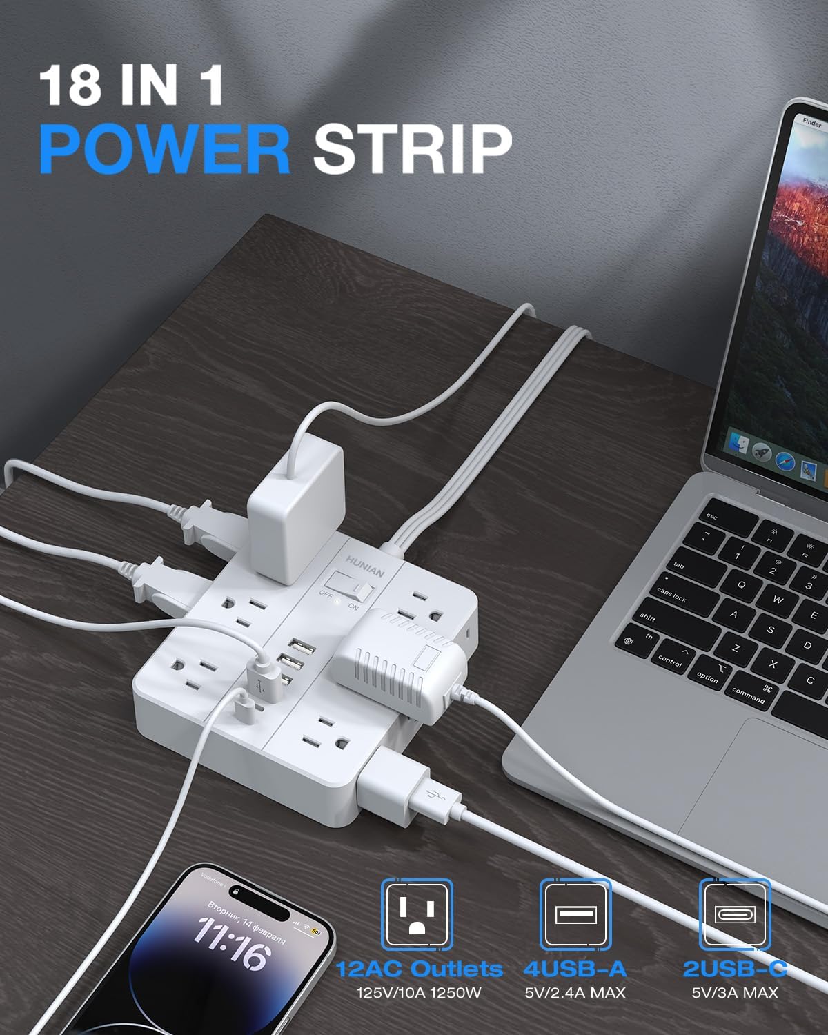 Power Strip with USB Ports, HUNIAN 5Ft Flat Plug Extension Cord Surge Protector, 12 Widely Outlet Extender with 6 USB Charger (2 USB C Ports), Desk Charging Station for Home, Office Supplies