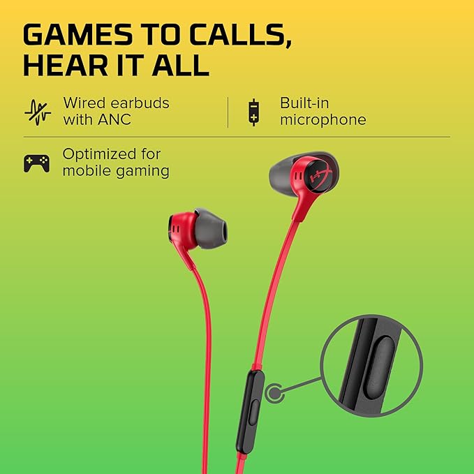 HyperX Cloud Earbuds II – 14mm Drivers, Four Eartips, Hard-Shell Carrying Case, Low-Profile 90° Plug, 3.5mm Plug, Built-in Microphone, Multi-Function Button, PC, Mobile, Nintendo Switch – Red