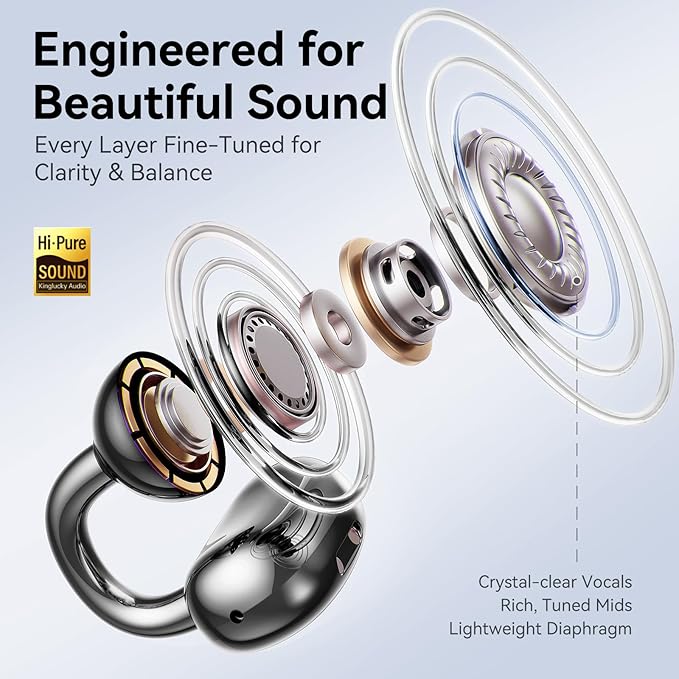 Kinglucky Gen2 Clip-On Earbuds with Butterfly Earrings, Charge & Store Without Removing Earrings, Comfortable Fit & 50H Playtime Open-Ear Bluetooth Headphones for Women, Small Ears, Gifts (Black)