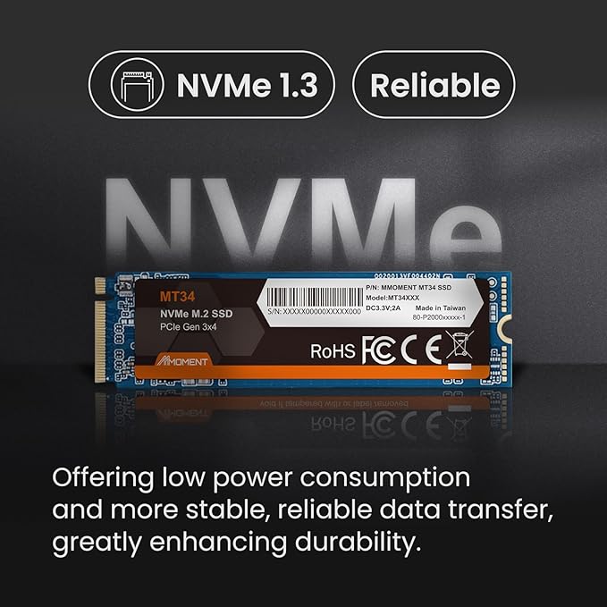 MMOMENT MT34 512GB SSD PCIe Gen3 NVMe M.2 2280 Internal Solid State Drive, Gen3.0X4, Read Speed up to 2000MB/s, for Laptop and PC Desktop