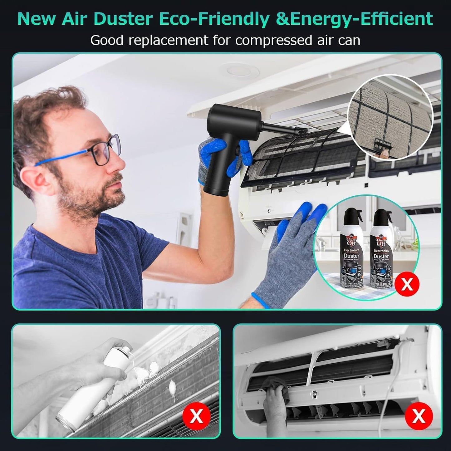 Compressed Air Duster, 3 Gear Adjustable 110000RPM Electric Air Blow Portable Keyboard Cleaner with LED Light, Rechargeable Dust Off Cordless Air Duster for Computer, Car, Electric Devices
