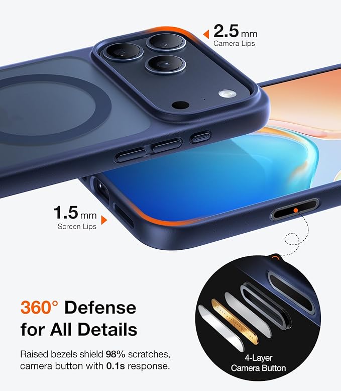 TORRAS Magnetic Shockproof for iPhone 17 Pro Case, Camera Control, Fit for MagSafe, Military-Grade Protection, Translucent Slim Case for iPhone 17 Pro Phone Case Anti-Fingerprint, Deep Blue