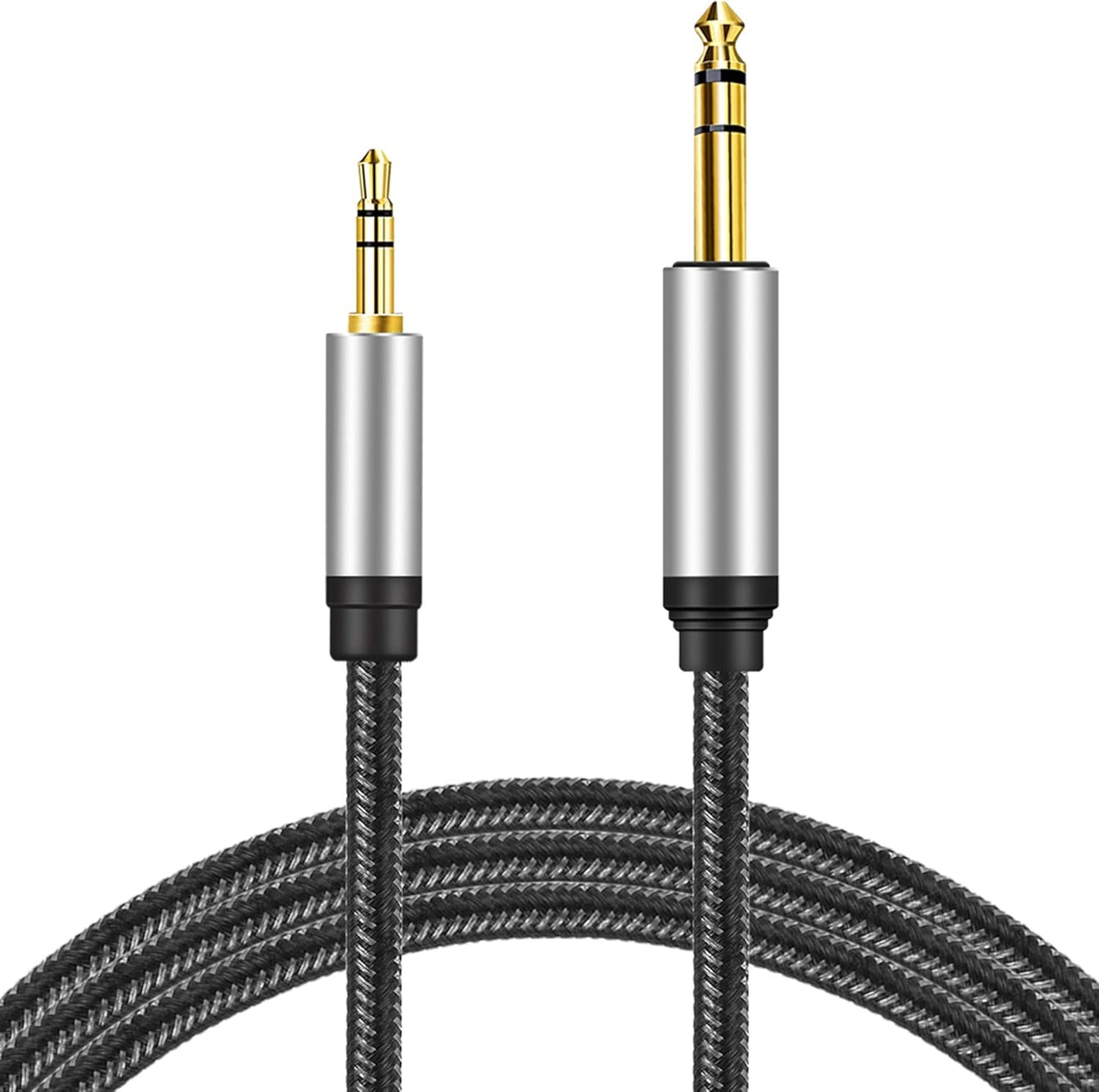 3.5 mm to 6.35 mm Audio Cable 20Ft, Gold-Plated Terminal Silver Color Zinc Alloy Housing 3.5mm 1/8" Male TRS to 6.35mm 1/4" Male TRS Nylon Braided Stereo Audio Cable for Cellphone,Amplifiers(20Ft/6M)