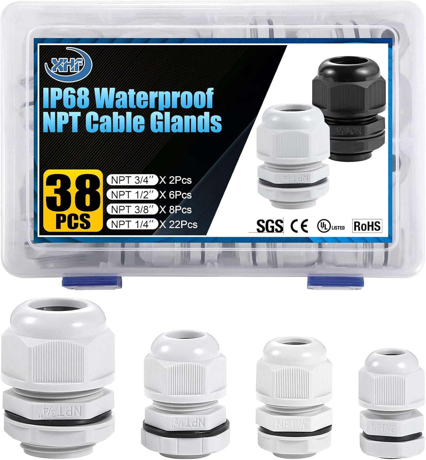 XHF IP68 Nylon Waterproof NPT Cable Glands Kit 38pcs 1/4", 3/8'', 1/2'', 3/4'' UL Listed and RoHS Cord Grip Compliant Cable Strain Relief Grey