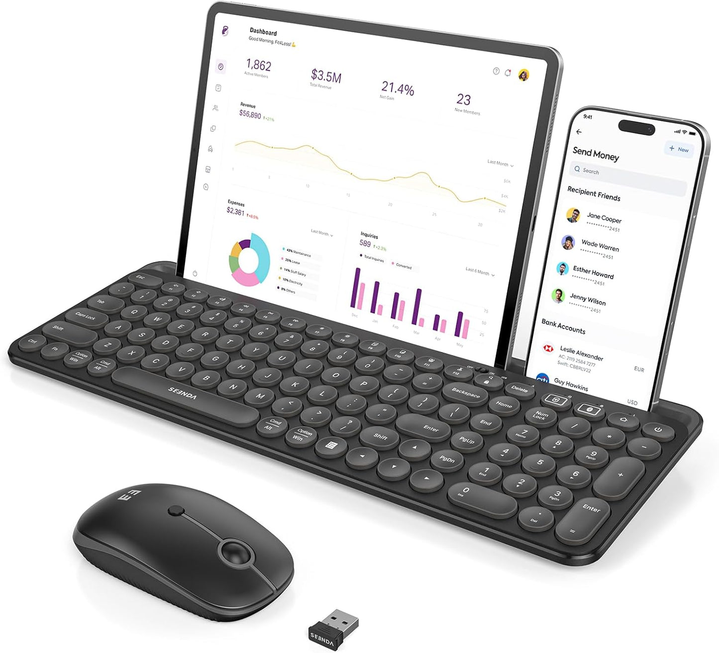 seenda Bluetooth Keyboard and Mouse for iPad, Multi-Device Bluetooth + 2.4G Wireless Keyboard Mouse with Tablet Holder for MacBook/Windows Computer, iOS/Andriod Tablet Phone, Black