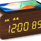 MOSITO Digital Wooden Alarm Clock with Wireless Charging, 0-100% Dimmer, Dual Alarm, Weekday/Weekend Mode, Snooze, Wood LED Clocks for Bedroom, Bedside, Desk, Kids (Brown)
