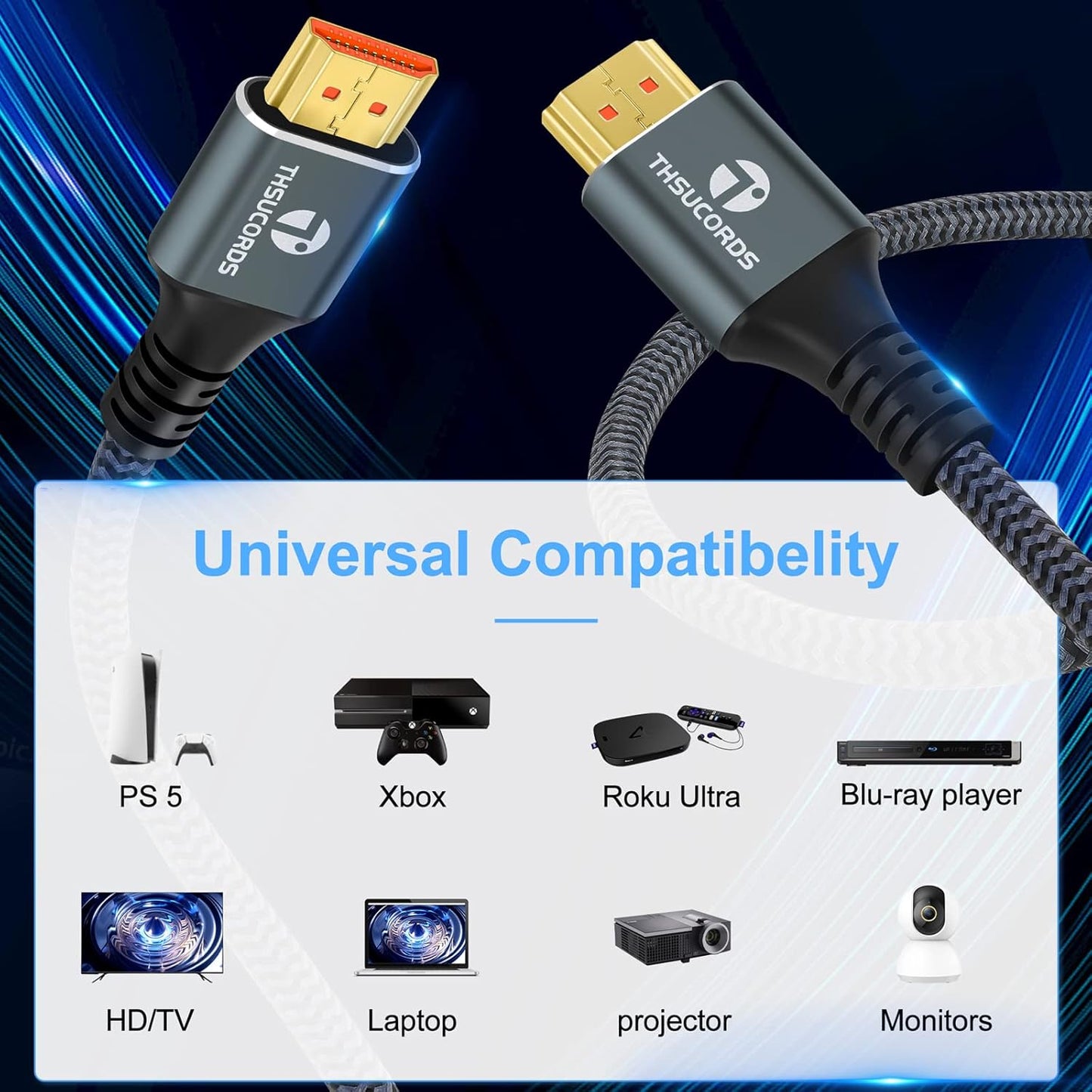 8K 4K HDMI Cable 6.6FT, High Speed Braided HDMI to HDMI 2.1 Cord Supports 8K@60Hz, 4K@120Hz 144Hz 48Gbps Compatible with Roku TV/PS5/HDTV/Blu-ray