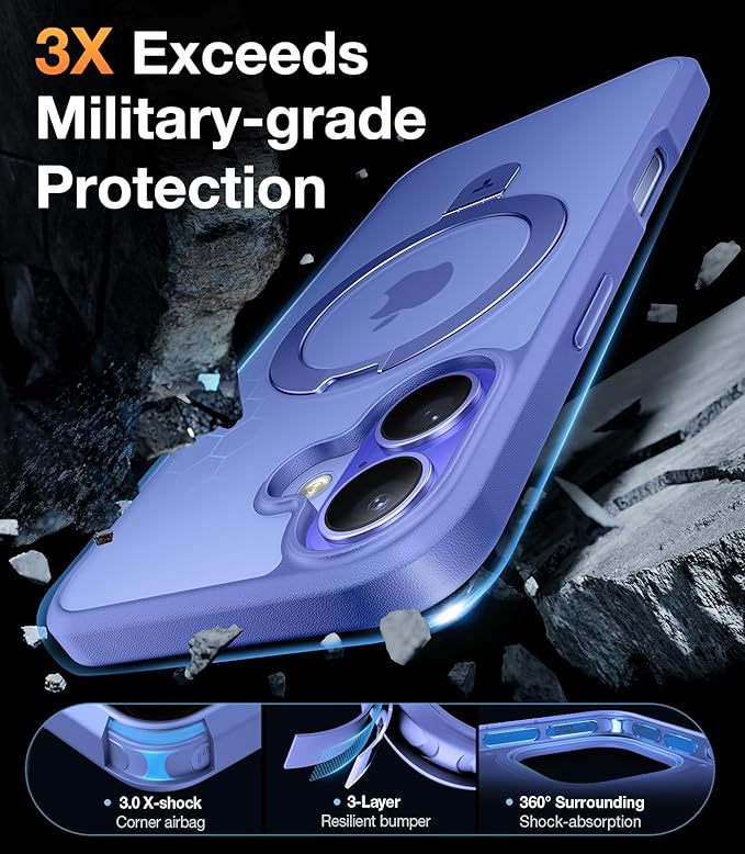 TORRAS Magnetic for iPhone 16 Case with Stand, Built-in Stand Compatible with MagSafe, 3X Military-Grade Protection, Translucent Slim Phone Case for iPhone 16 6.1'', Matte Blue
