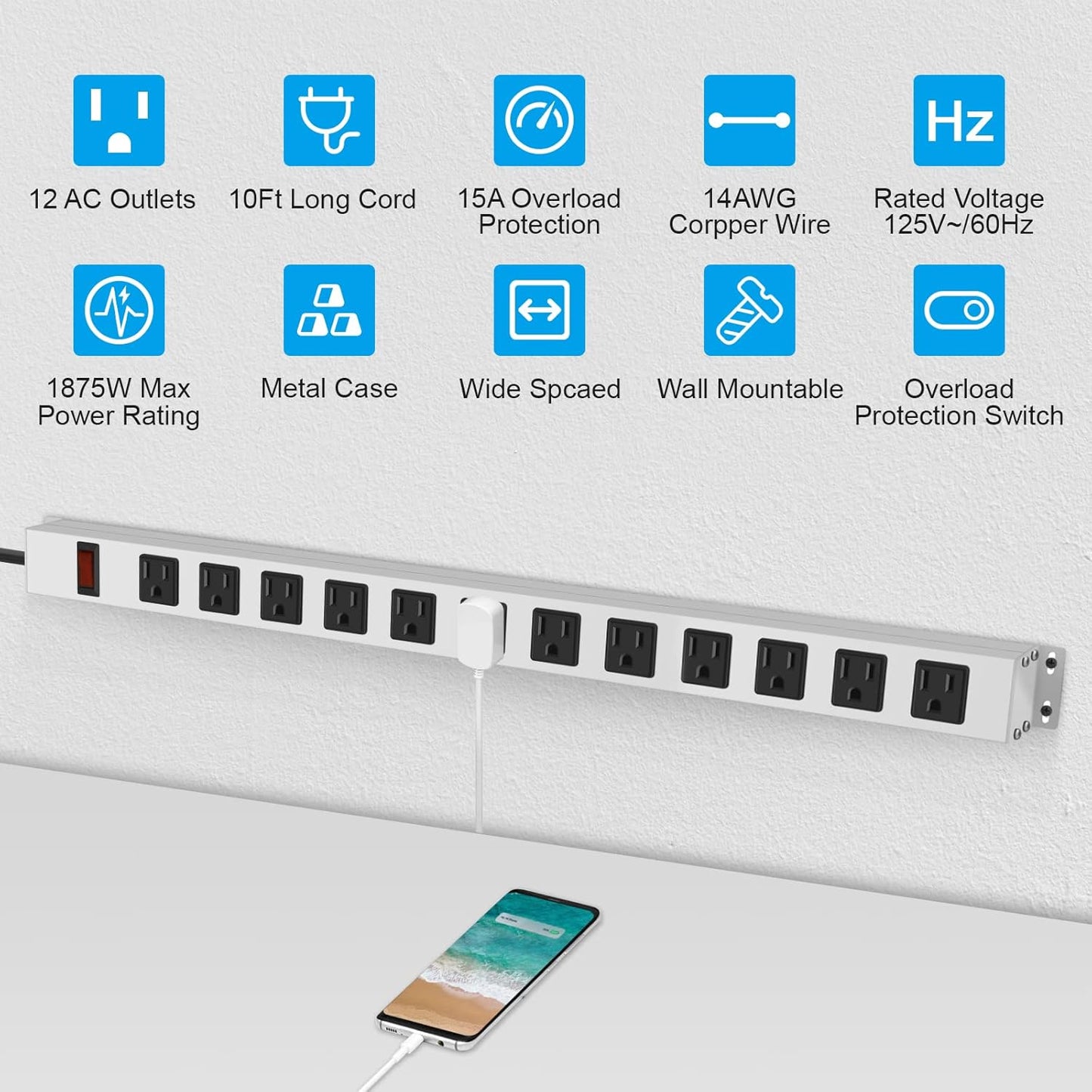 JUNNUJ Metal 12 Outlet Power Strip, Mountable Heavy Duty Power Strip, 1200J Surge Protector Wall Mount Screws Outlet with Switch, Gaming Desk Strips Wide Spaced 15A 125V 1875W, 10 FT 14AWG Power Cord