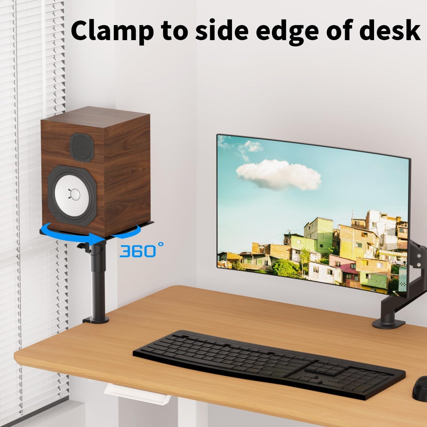 suptek Clamp-on Speaker Stand Desk Mount Set, Height Adjustment, Swivel, 9.6 x 8.8 inch Trays, Universal Audio Holders for Computer and Bookshelf Speakers, Elevated Sound, 2 Pack, Black, SDM001G
