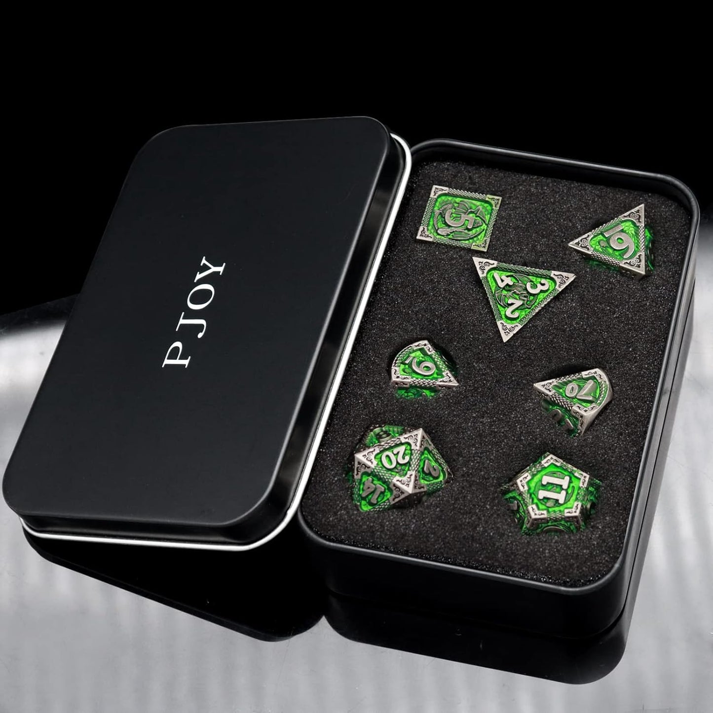 PJOY D&D Dice Set Metal DND Green Dice with Case Compatible with Dungeons and Dragons Ranger Gifts
