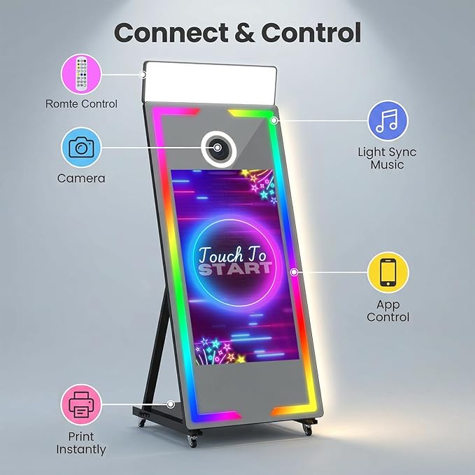 Magic Mirror Photo Booth 65’’ with Camera and Printer, Portable 43“ Touch Screen Mirror Photo Booth with APP Control, Professional Photography Fill Light for Wedding Event Party Rental (White, 65-43")