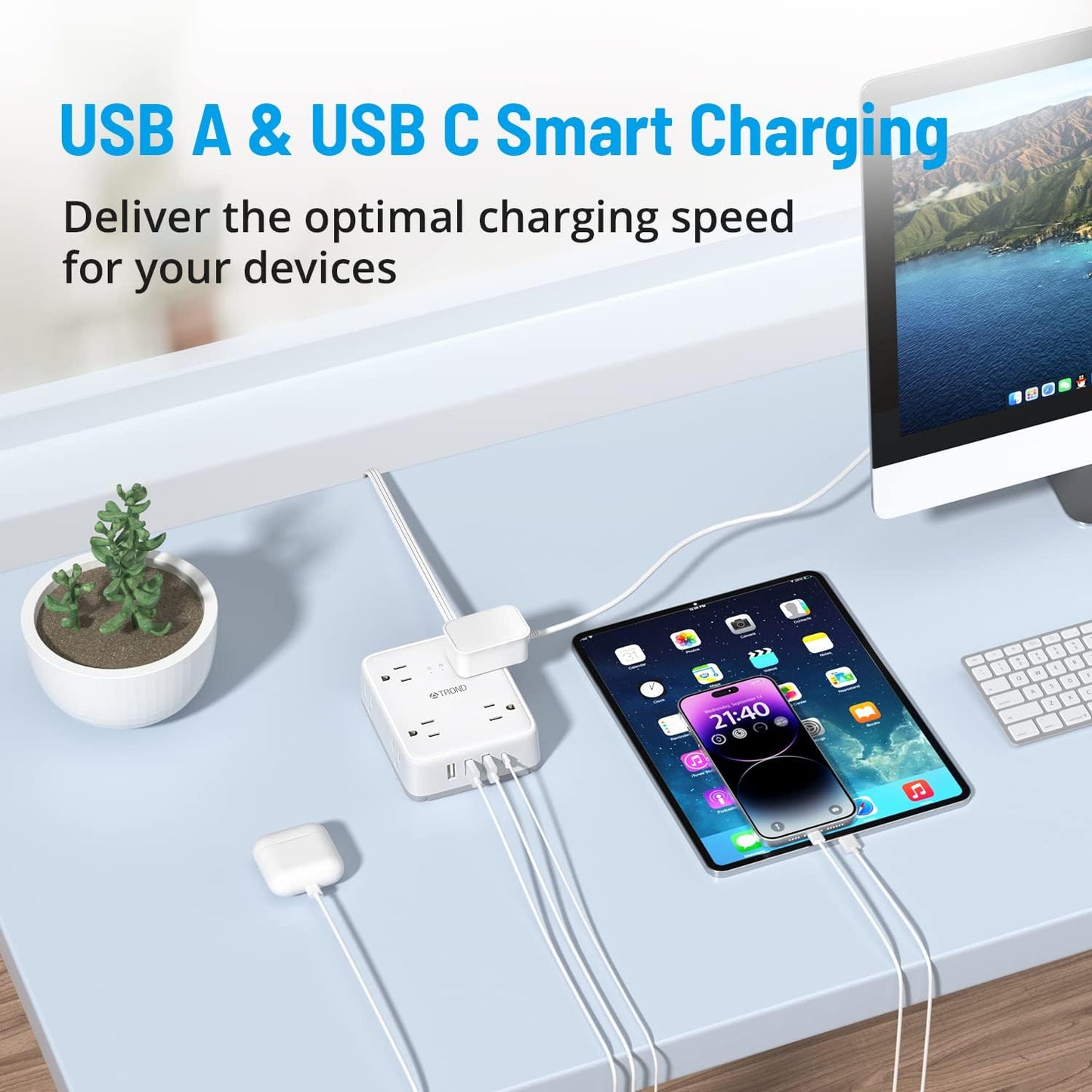 TROND Surge Protector Power Strip with USB, Ultra Thin Flat Plug 10ft Extension Cord 1625W, 3 USB-A & 1 USB-C, 8AC Outlets 1440J Surge Protection Wall Mount for Home Office Dorm Room Essentials, White