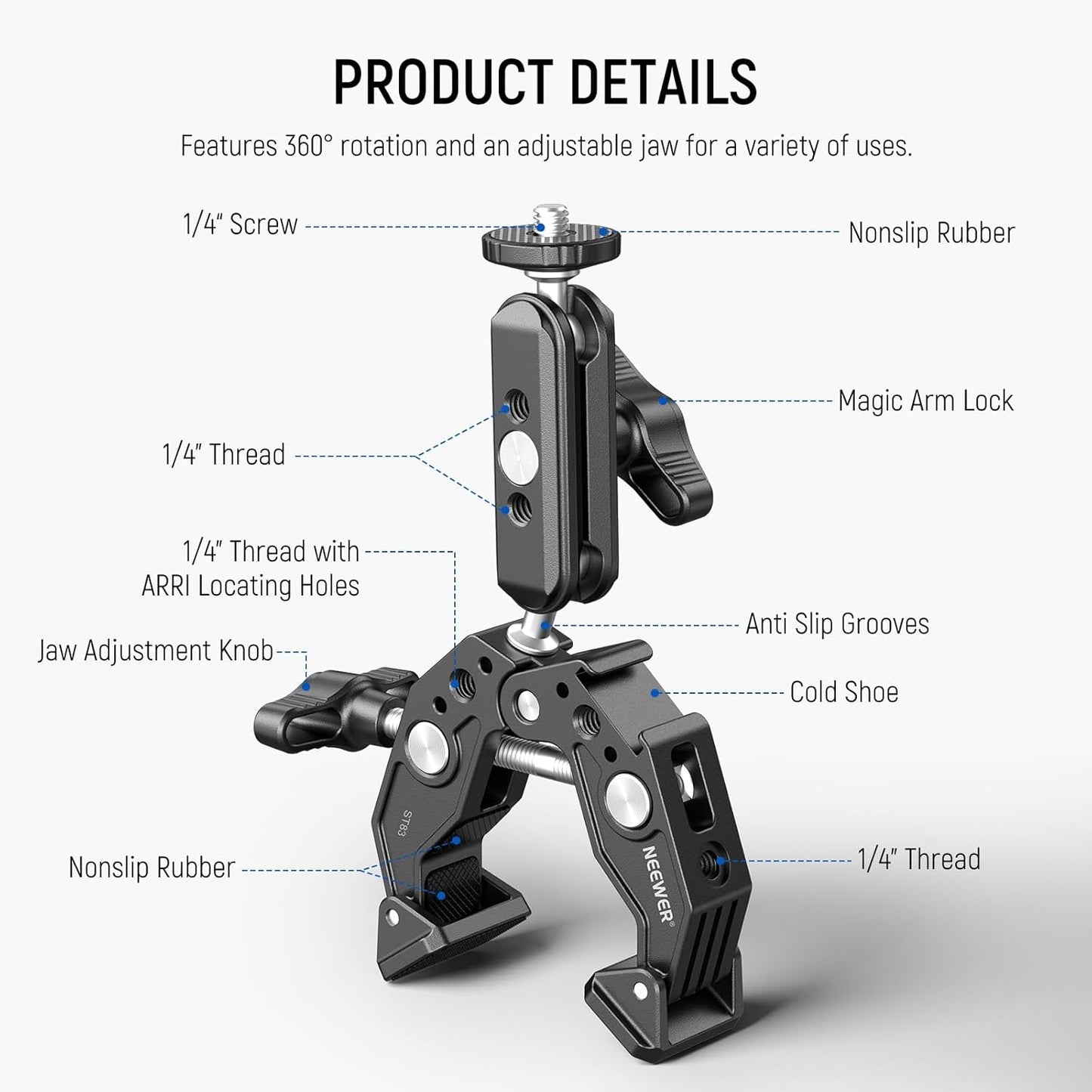 NEEWER Super Clamp Magic Arm Camera Mount with Phone Holder Action Cam Adapter Ball Heads 1/4" Threads Cold Shoe Cleaning Cloth Compatible with SmallRig GoPro for Desk Tripod Crossbar Gimbal Rod, ST83
