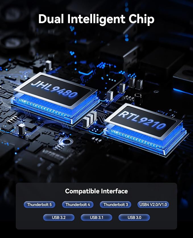 ORICO 80Gbps M.2 NVMe SSD Enclosure Silent Fanless Compatible with Thunderbolt 5/4/3/USB4 X50 Dual-chip USB3.2/3.1/3.0 M-Key/(M&B) Key NVMe SSDs up to 8TB Fanless Silent Cooling- X50PRO