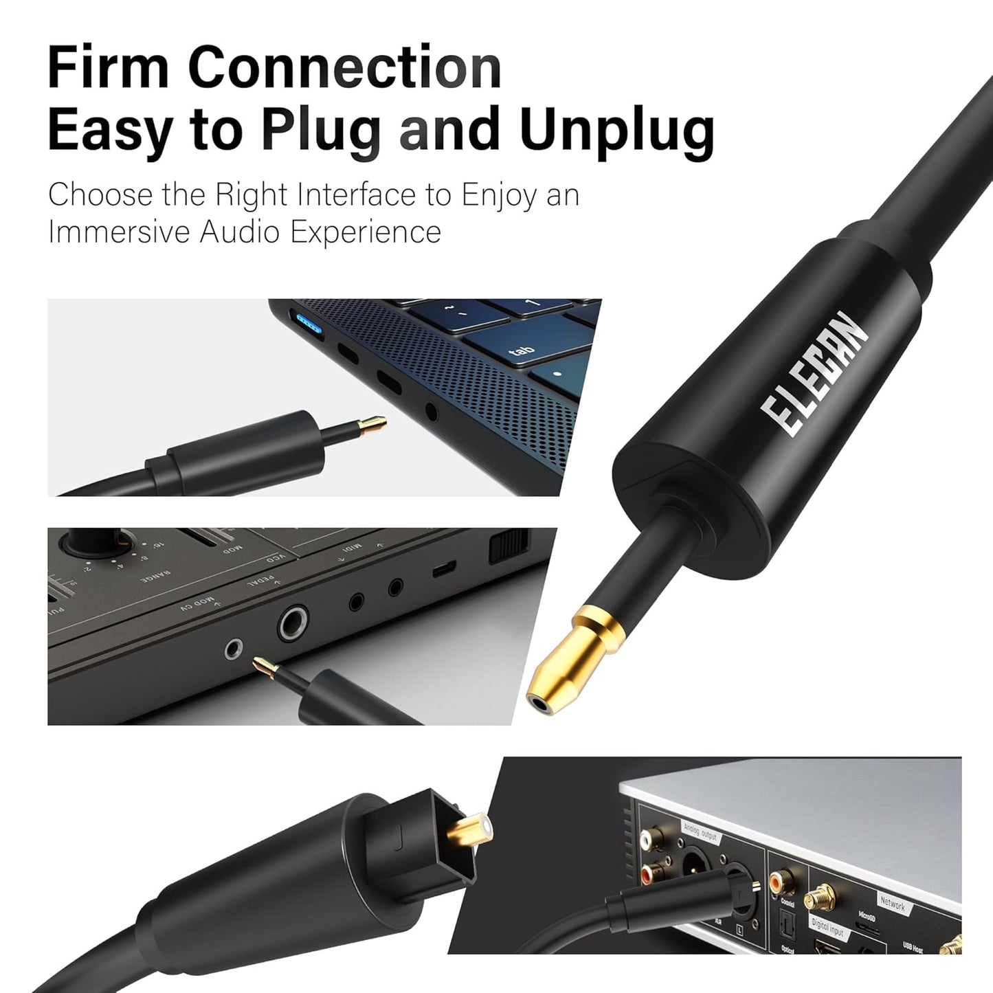Elecan Mini Toslink to Toslink Digital Optical S/PDIF Audio Cable 6 Ft, Gold Plated Soft Flexible Fiber Optic Cable,Signal Protection PVC,Surround Sound for Soundbar,Home Theater,Hi-Fi System+Ties MI