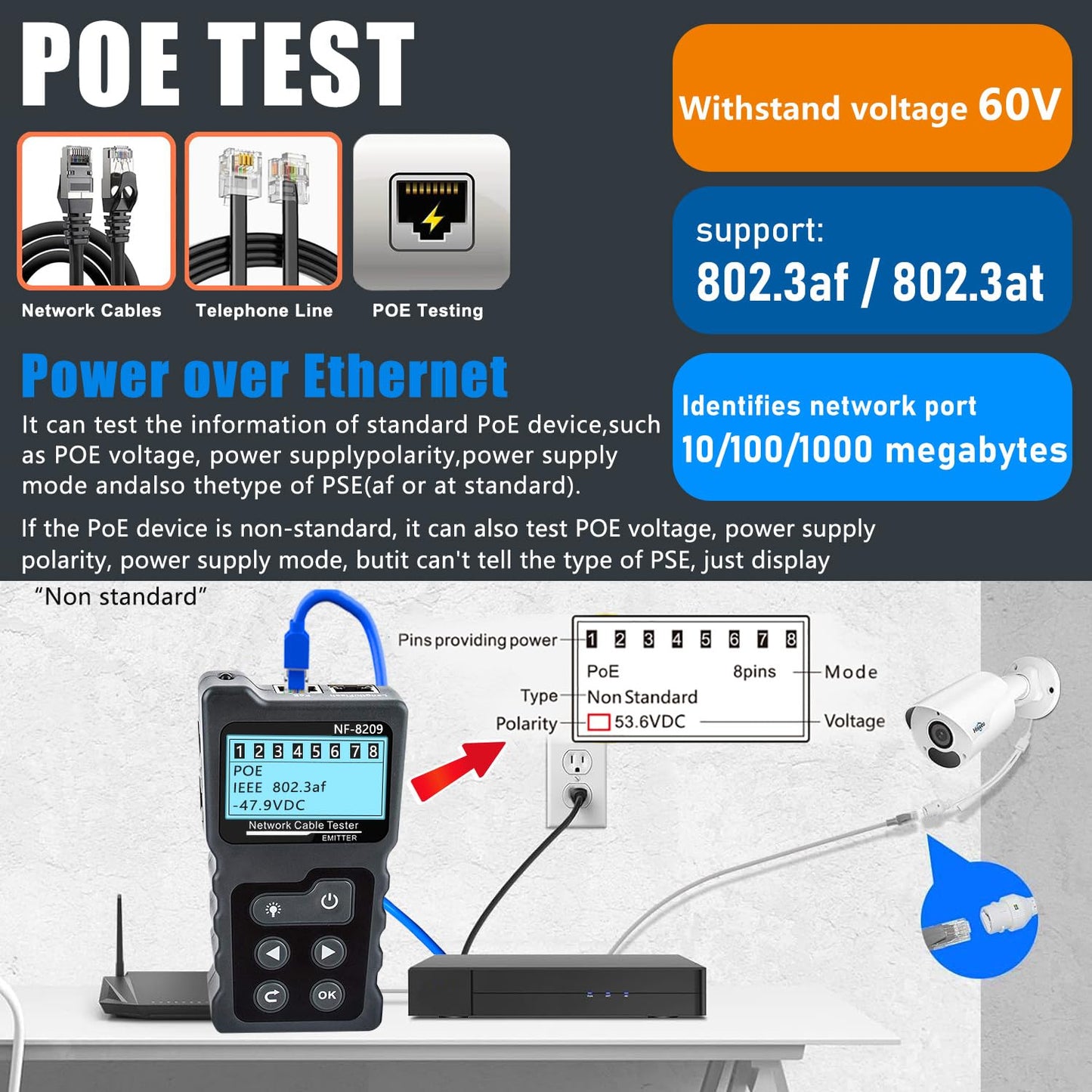 NF-8209 Network Cable Tester for POE Test/CAT5e/CAT6/CAT6a LAN Ethernet Wire Tracer,Detect Voltage Measure Fault Distance by TDR,Telephone Line Continuity Testing and Length Measurement