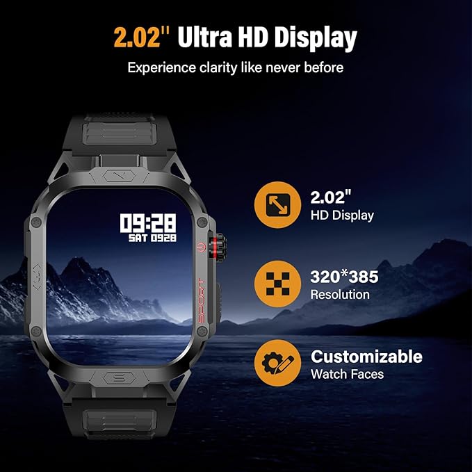 Military Smart Watch for Men, 2.02" Outdoor Sport Smartwatch with Flashlight, Heart Rate Blood Oxygen Blood Pressure Sleep, 100+ Sport Modes Fitness Tracker Compatible Android and iOS Black