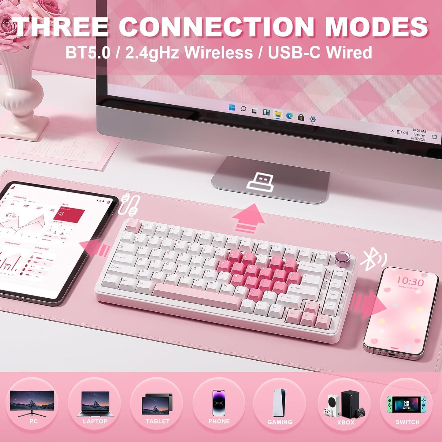 YUNZII B75 PRO Wireless Mechanical Keyboard,75% Layout with Knob,Hot Swap Gasket Structure,Creamy Pre-lubed Switches,RGB Backlit,Bluetooth/Type-C/2.4G for Win/Mac (White, Milk Switch)