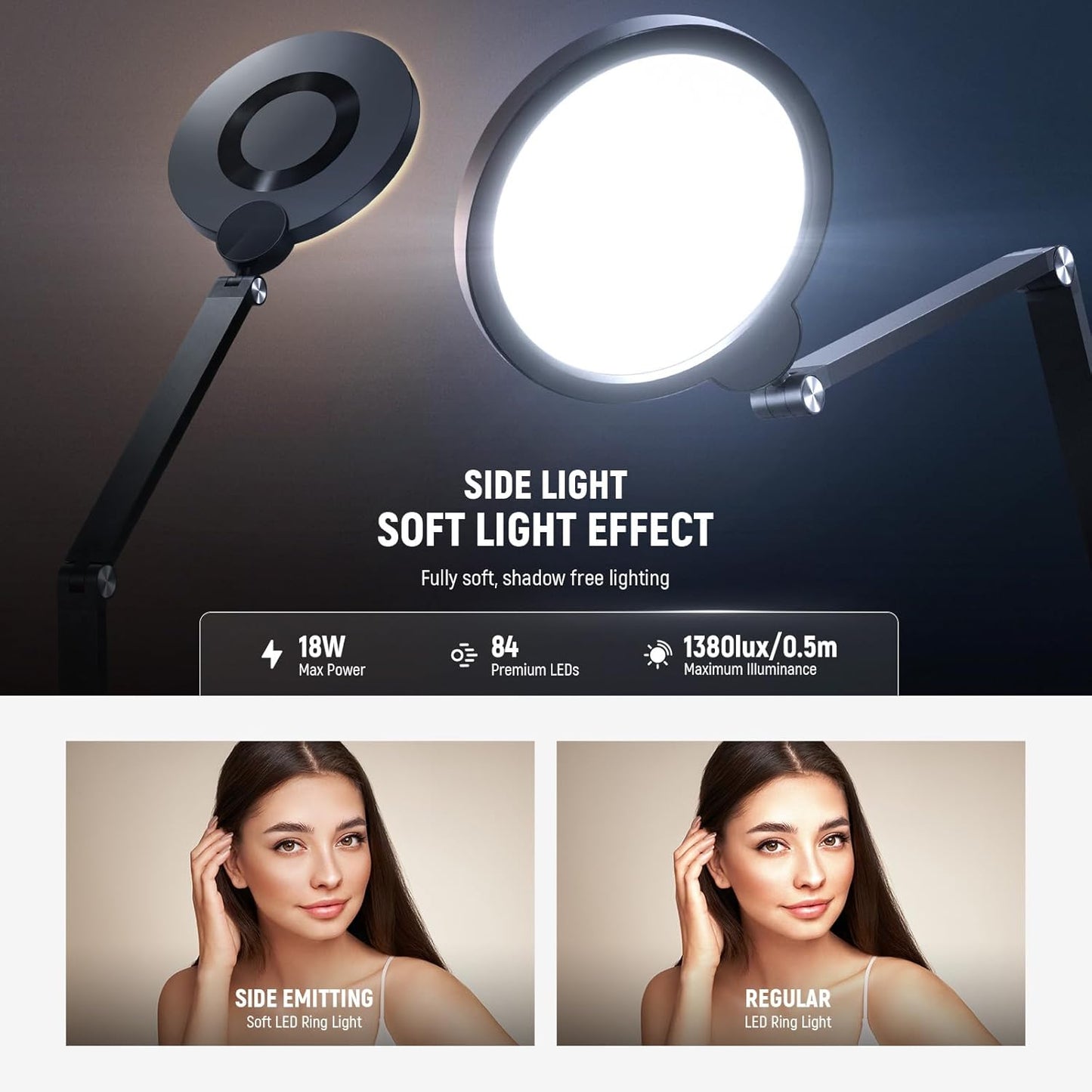 NEEWER Basics 18W 7" Desk Ring Light with Stand, Folding Arm, C Clamp, Full Screen LED Circle Ringlight for Video Conference Lighting Streaming Recording Makeup Phone Selfie Computer Laptop Zoom, R18