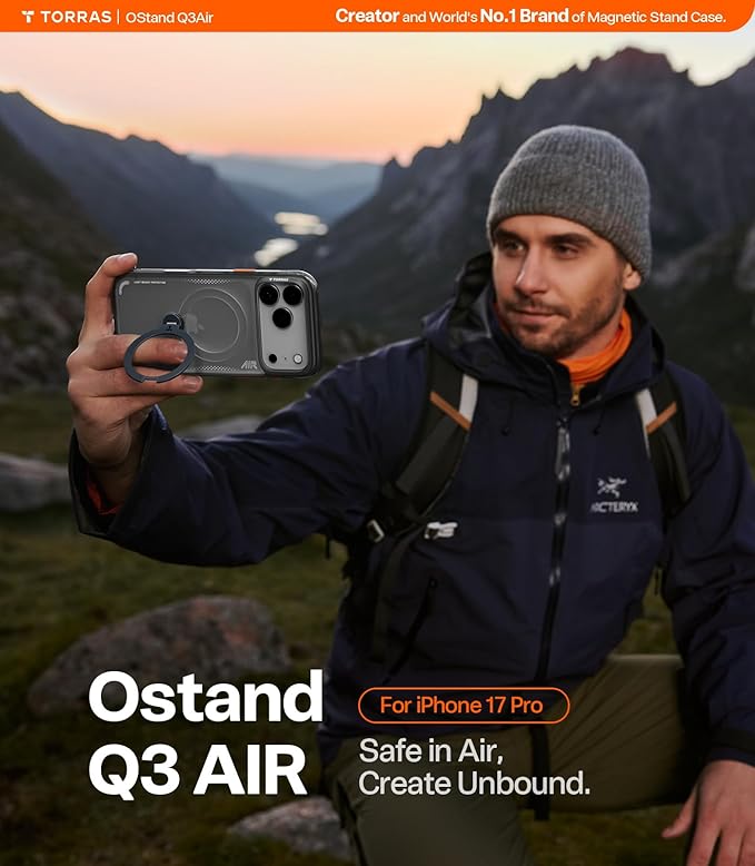 TORRAS Ostand Q3 Air for iPhone 17 Pro Case 6.3'' with Stronger Magnetic Stand, Fit for Magsafe, Airbags Miltary Protection, Camera Control for iPhone 17 Pro Case, Shockproof & Stylish, Shadow Black