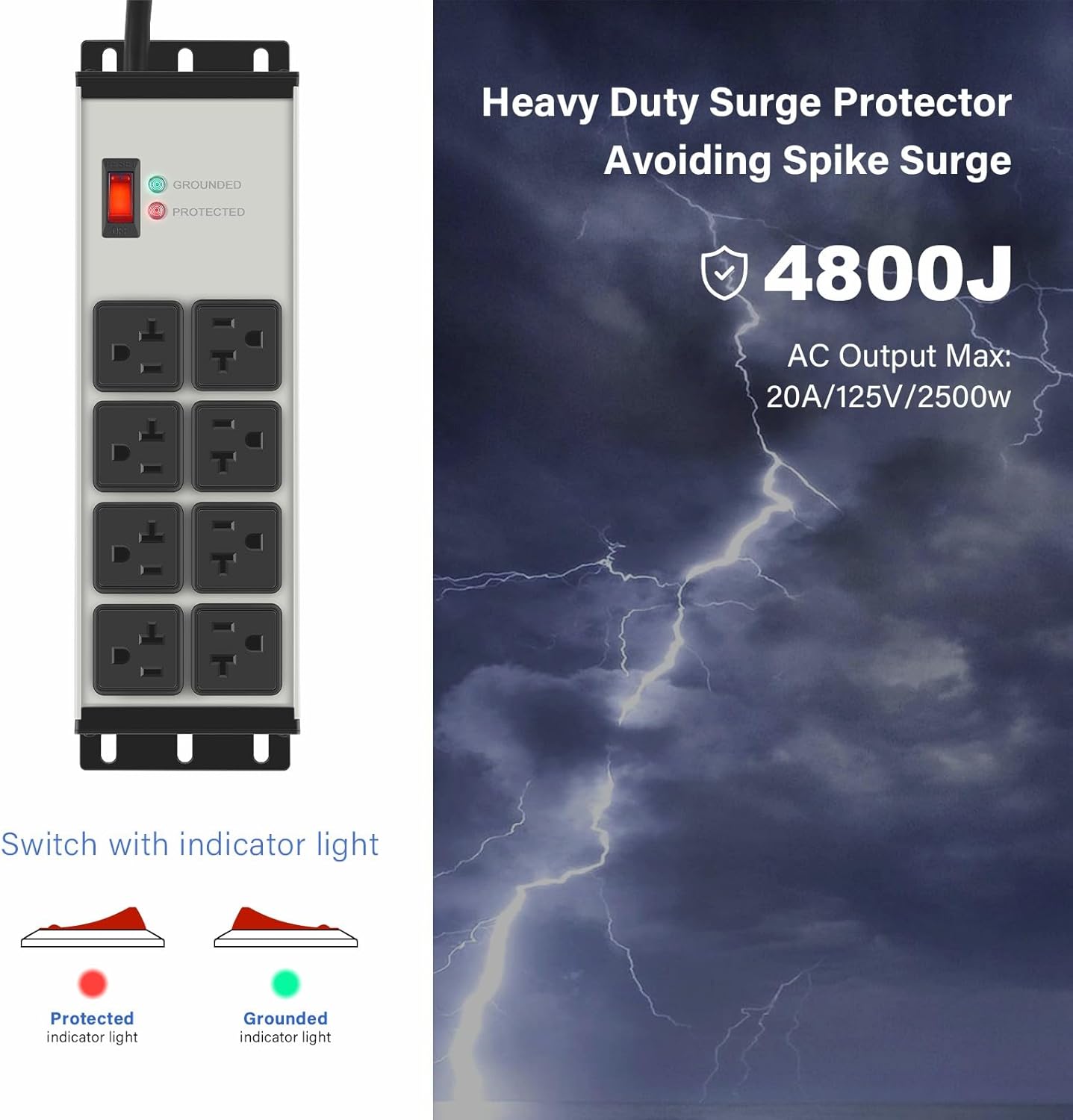 CCCEI Grey Heavy Duty Power Strip Surge Protector 20 AMP, 8 Outlets 12 Gauge Industrial Shop Garage Metal Multiple Outlets, 4 FT Extension Cord 5-15P Adapter High Amp 6-20R T-Slot 20a for Appliance