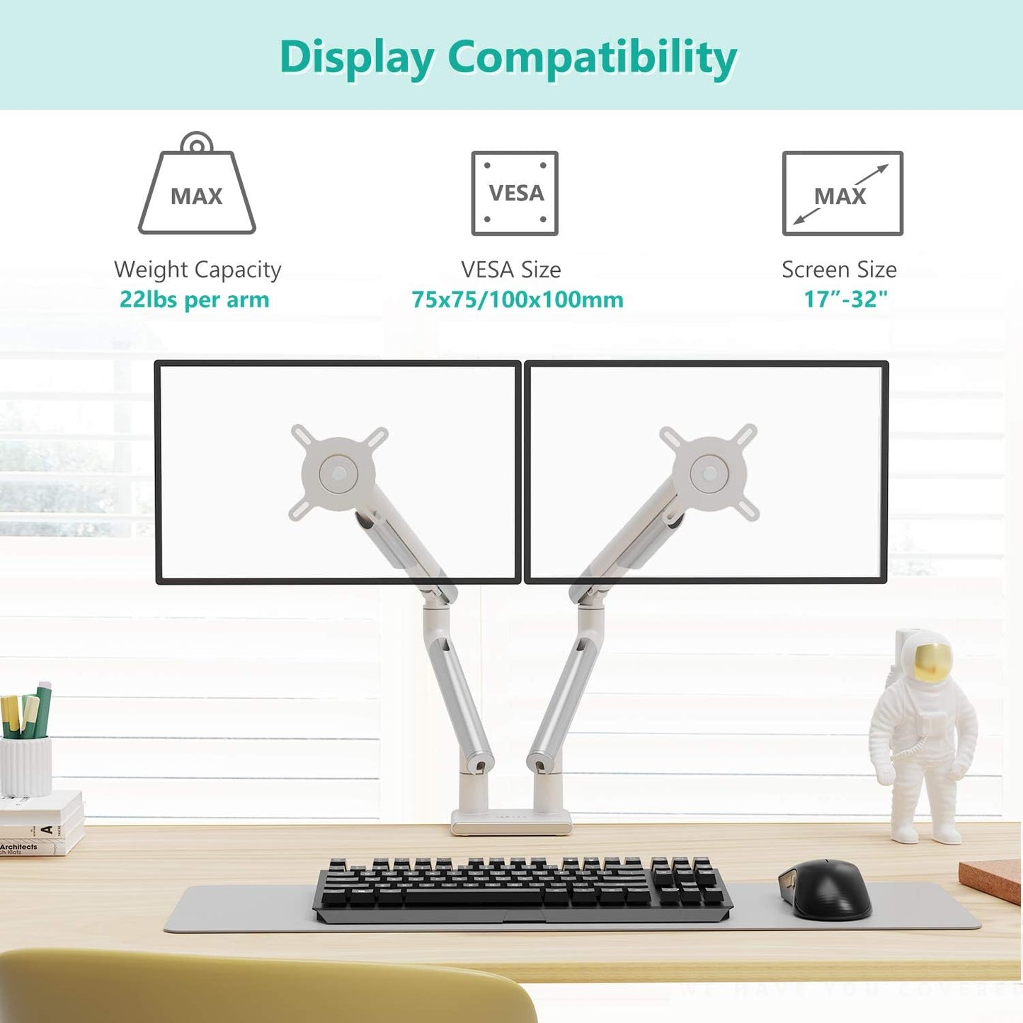 WALI Dual Monitor Stand White Monitor Arms for 2 Monitors, Mechanical Spring Tension Indicator Fully Adjustable Bracket, Up to 32 inch, 22lbs Weight Capacity (MATI002-W), White