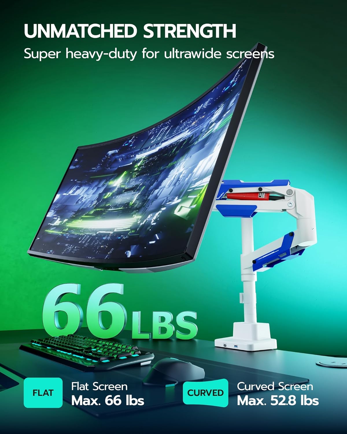 ARES WING Single Monitor Mount with USB, Ultrawide Monitor Arm for 24 to 57 Inch Heavy Duty Curved Screen, Adjustable Gas Spring Monitors Arm Stand up to 66LBS with 75/100/200 Vesa Mount, White