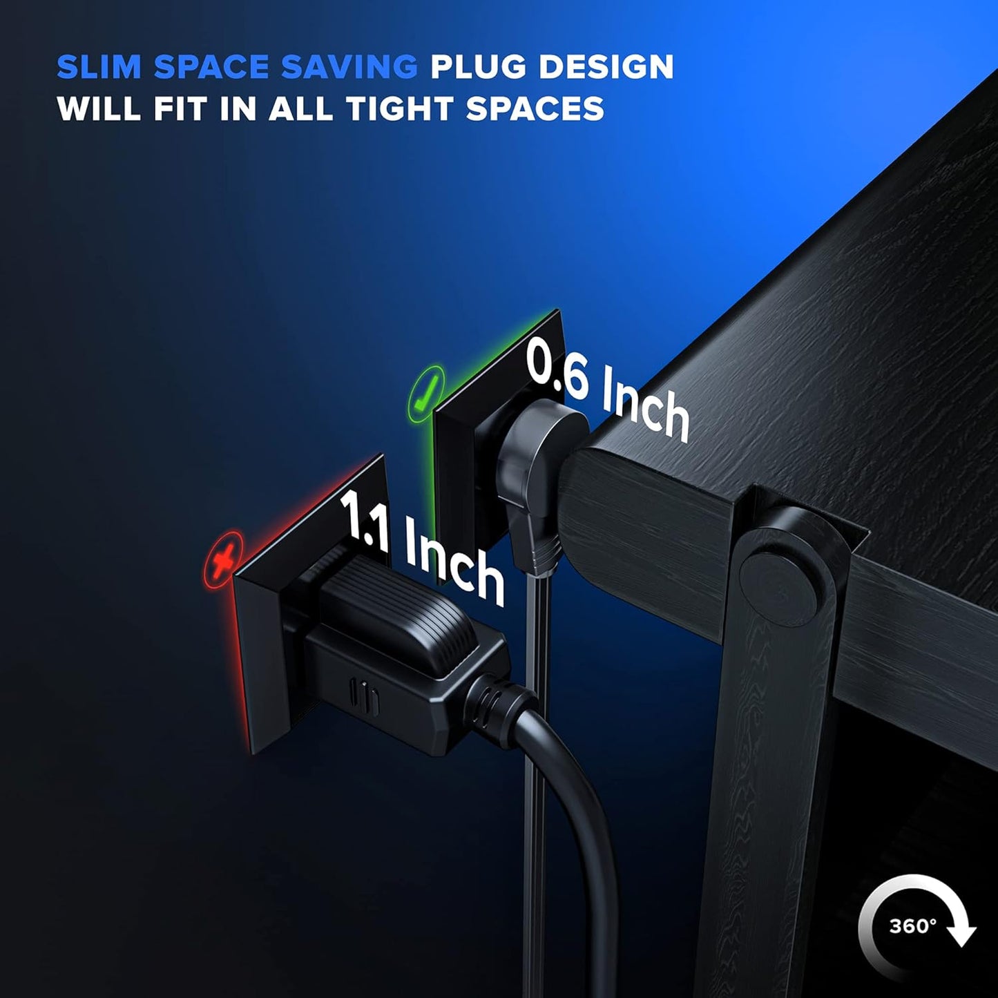 Maximm Cable 8 Ft 360° Rotating Flat Plug Extension Cord, 16/3 AWG Multi 3 Outlet 3-Prong Grounded Wire- Black - UL Certified