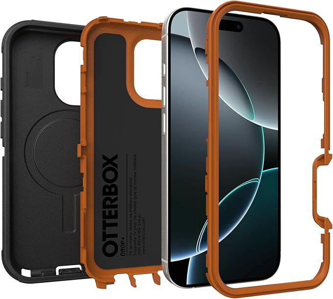 OtterBox iPhone 16 Pro (Only) Defender Series MagSafe Case - Iron Eclipse (Black & Orange) - Built-in Magnets - Screenless - Rugged & Durable - with Port Protection
