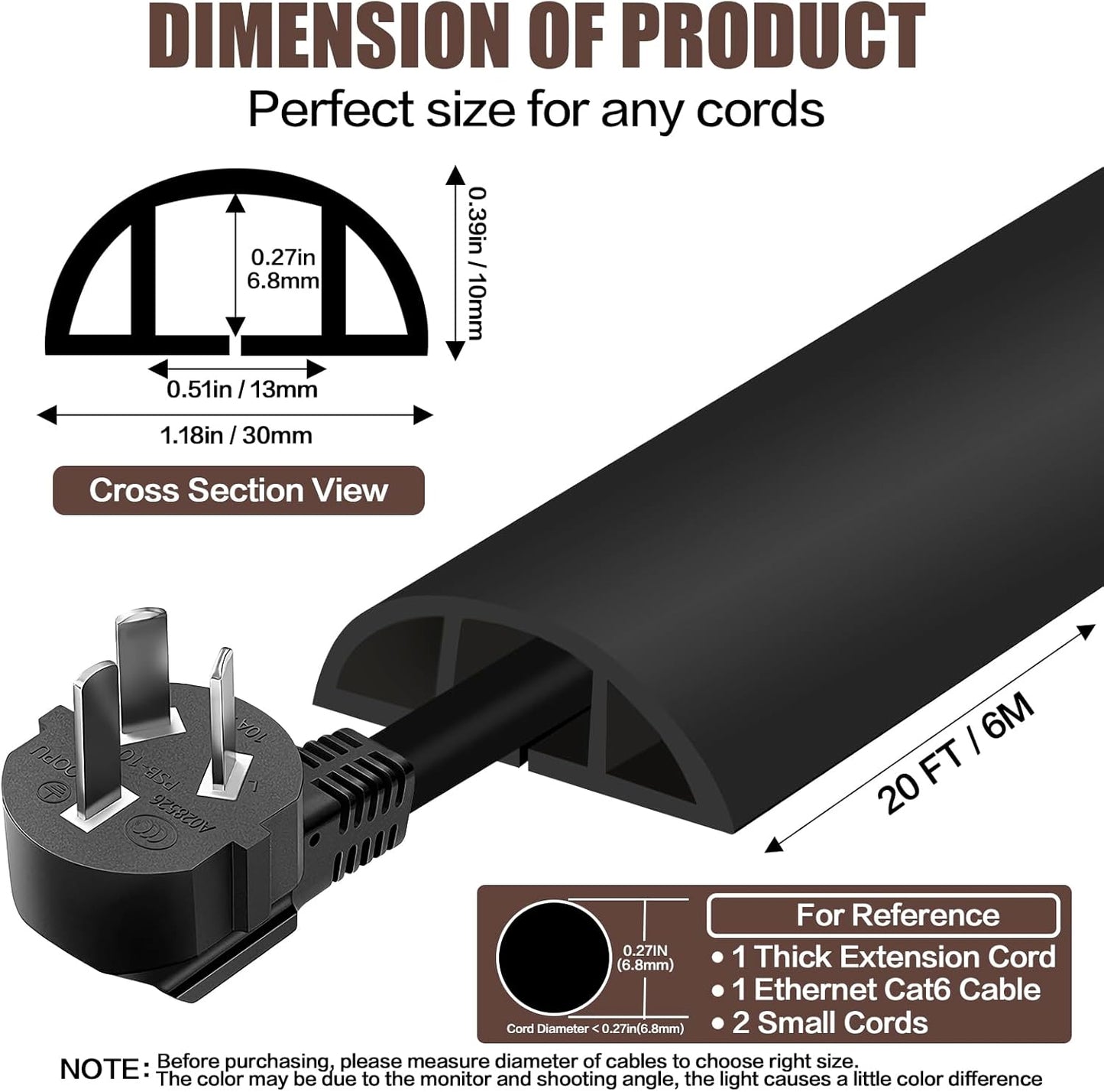 Floor Cord Cover Self Adhesive Cord Hider,20FT Cable Management, Extension Strip Protector for Wires, Prevent Cable Trips for Offices, Gyms, Exhibitions Cavity:0.39"(W) x 0.27"(H) Black