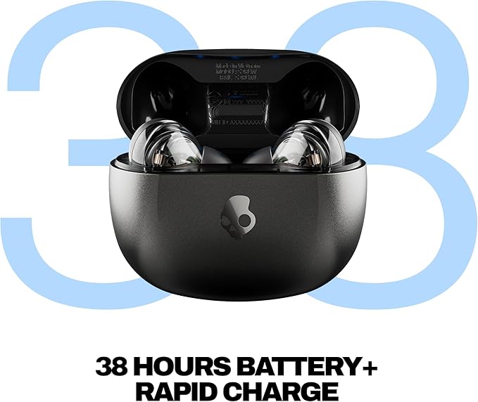 Skullcandy Rail ANC Wireless Earbuds, Bluetooth Headphones, Active Noise Cancelling, Up to 38 Hours Battery, Microphone for iPhone Android, Customizable via Skull-iQ App - True Black