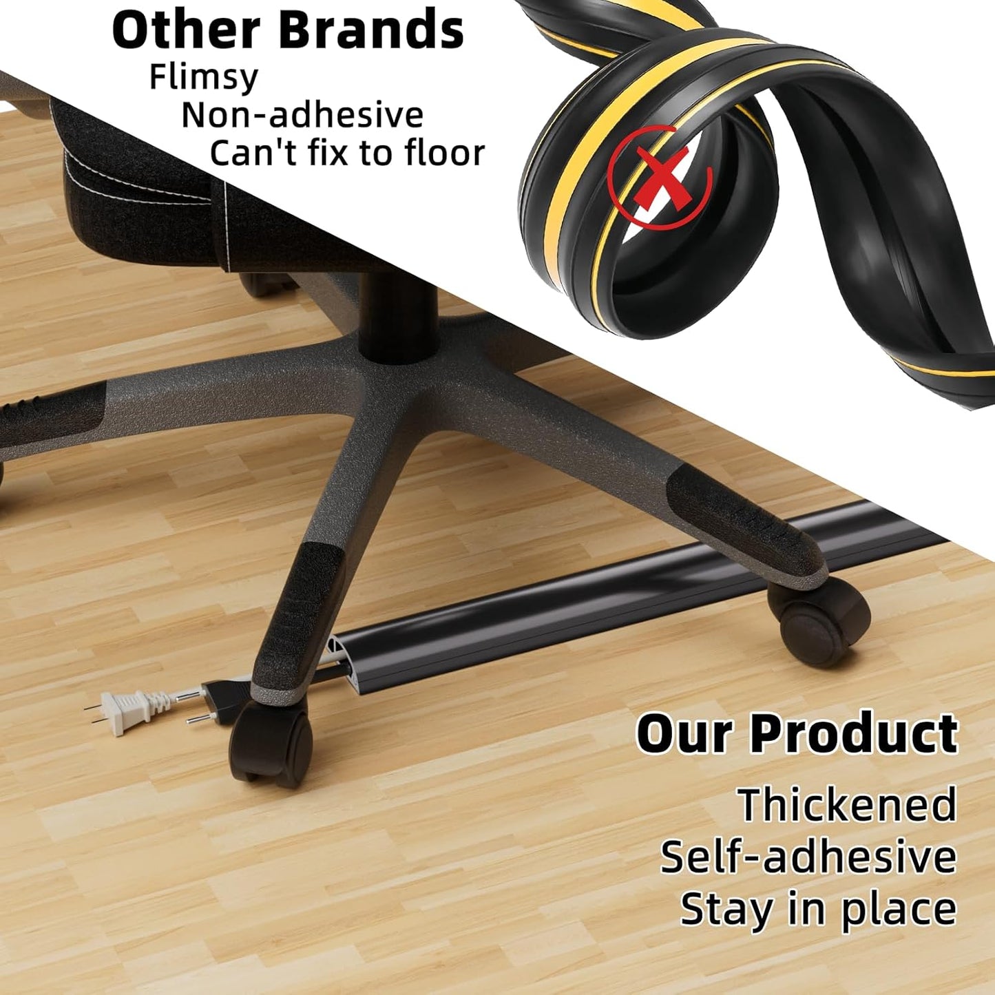 6ft Floor Cord Cover, Silicone Wire Hider, Hide Extension Cords, Protect Cords, Prevent Cable Trips, Heavy-Duty Adhesive-Backed Anti-Trip Cable Protector for Floor, Desk & Wall