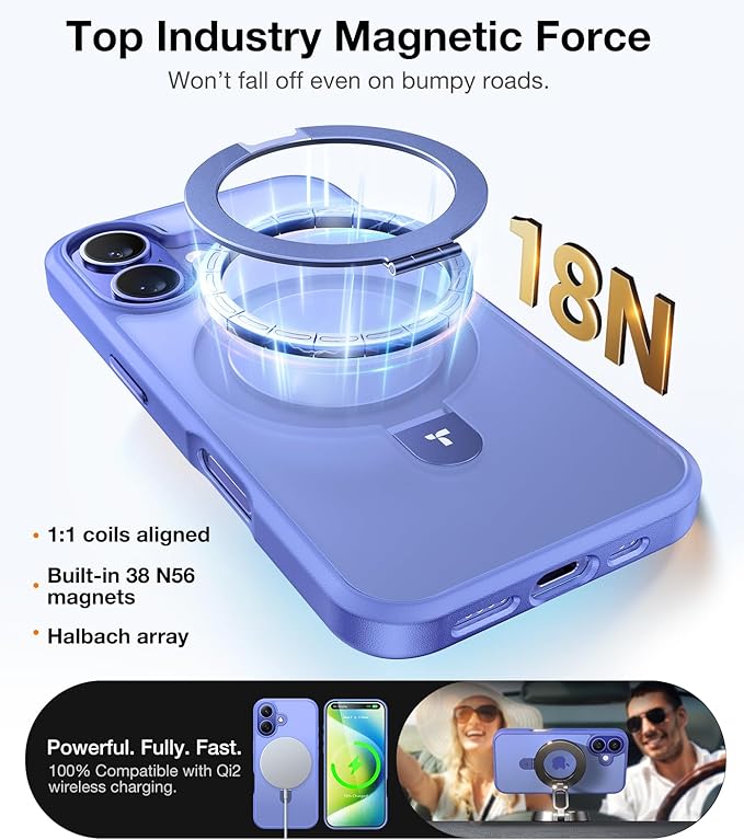 TORRAS Magnetic for iPhone 16 Case with Stand, Built-in Stand Compatible with MagSafe, 3X Military-Grade Protection, Translucent Slim Phone Case for iPhone 16 6.1'', Matte Blue