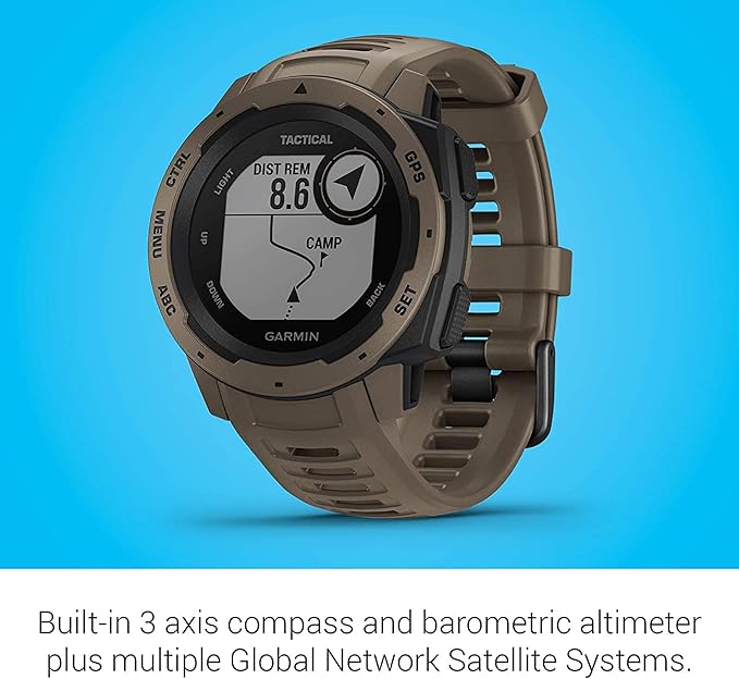 Garmin 010-02064-71 Instinct Tactical, Rugged GPS Watch, Tactical Specific Features, Constructed to U.S. Military Standard 810G for Thermal, Shock and Water Resistance, Tan