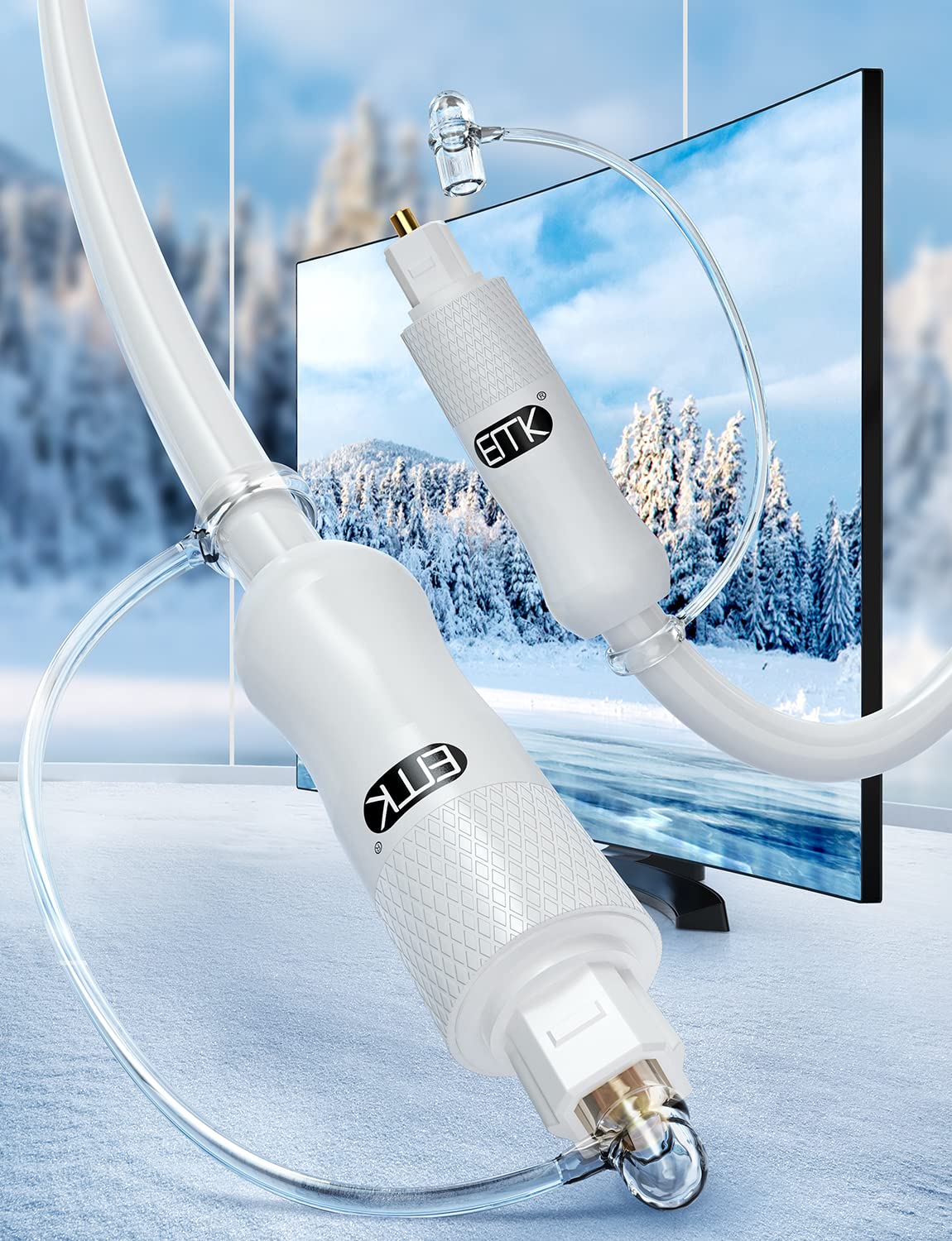 EMK White Optical Audio Cable [8ft/2.4M] - Digital SPDIF Toslink Fiber Optic Cable for Sound Bar, TV, Home Theater, Blu-ray Player - White, High-Speed, Low-Loss, Gold-Plated Connectors