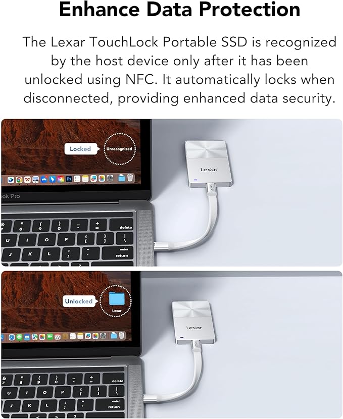 Lexar TouchLock Portable SSD 512GB with One-Touch NFC Encryption Authentication, External Solid-State Drives USB 3.2 Gen2, Magnetic Phone SSD Support for iPhone 17/16, Tablet, PC