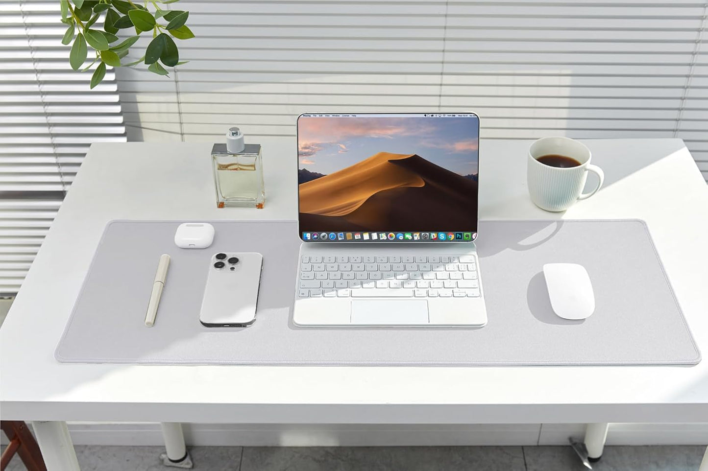 ALOANES Silvery Waterproof Desk Mat, Large Mouse Pad with Extended Mouse Mat, with Anti Slip Base, Stitched Edge, Grain Jacquard Surface, Perfect for Gamer, Office & Home, 3XL(15.74''x35.43''x0.12'')